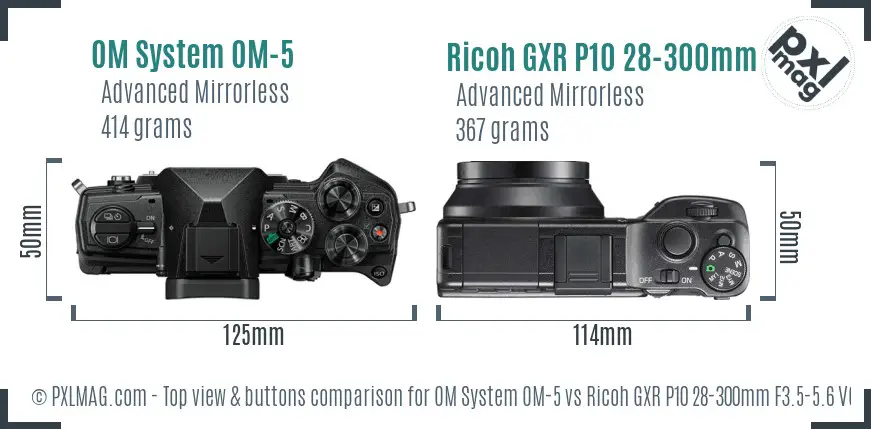 OM System OM-5 vs Ricoh GXR P10 28-300mm F3.5-5.6 VC top view buttons comparison