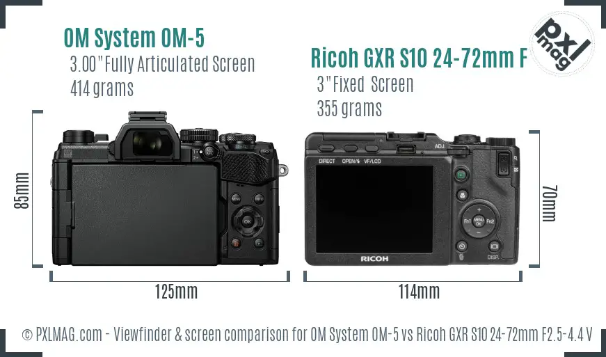 OM System OM-5 vs Ricoh GXR S10 24-72mm F2.5-4.4 VC Screen and Viewfinder comparison