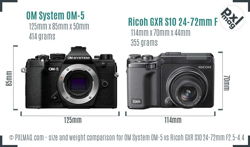 OM System OM-5 vs Ricoh GXR S10 24-72mm F2.5-4.4 VC size comparison