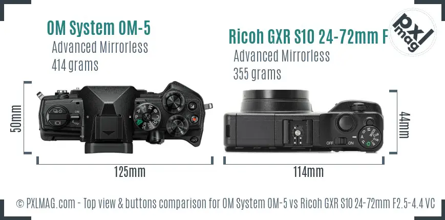 OM System OM-5 vs Ricoh GXR S10 24-72mm F2.5-4.4 VC top view buttons comparison