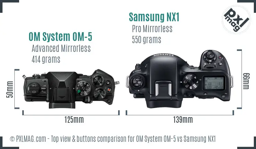 OM System OM-5 vs Samsung NX1 top view buttons comparison
