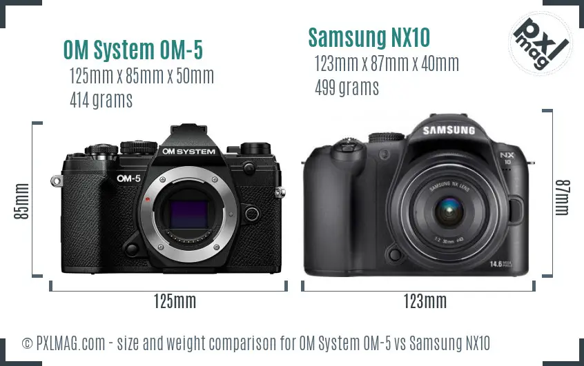 OM System OM-5 vs Samsung NX10 size comparison OM System OM-5 vs Samsung NX10 size comparison