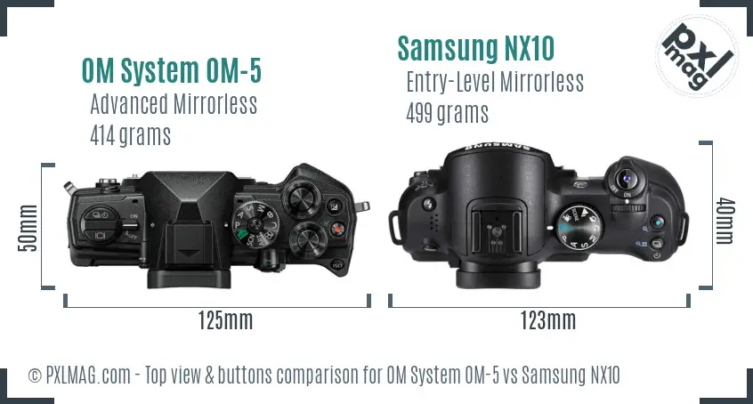 OM System OM-5 vs Samsung NX10 top view buttons comparison OM System OM-5 vs Samsung NX10 top view buttons comparison
