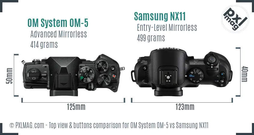 OM System OM-5 vs Samsung NX11 top view buttons comparison