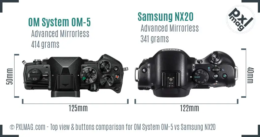OM System OM-5 vs Samsung NX20 top view buttons comparison