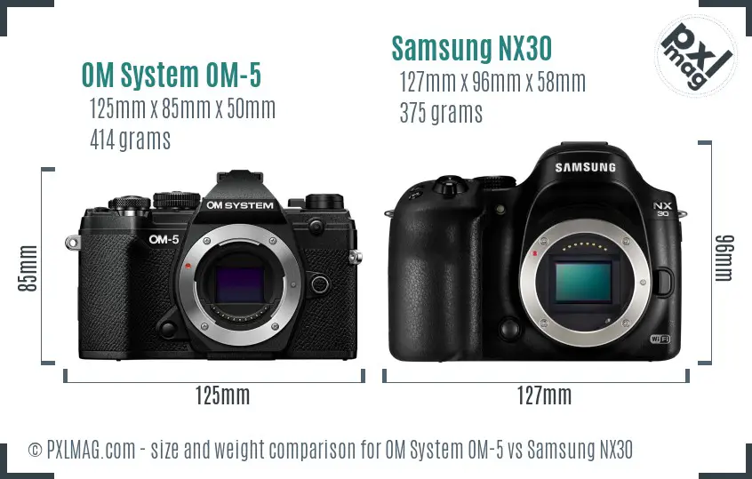 OM System OM-5 vs Samsung NX30 size comparison