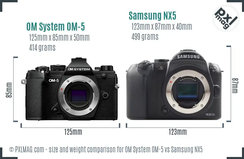 OM System OM-5 vs Samsung NX5 size comparison