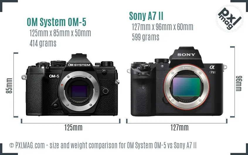 OM System OM-5 vs Sony A7 II size comparison