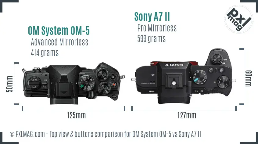 OM System OM-5 vs Sony A7 II top view buttons comparison