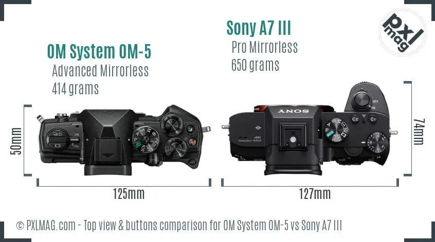 OM System OM-5 vs Sony A7 III top view buttons comparison