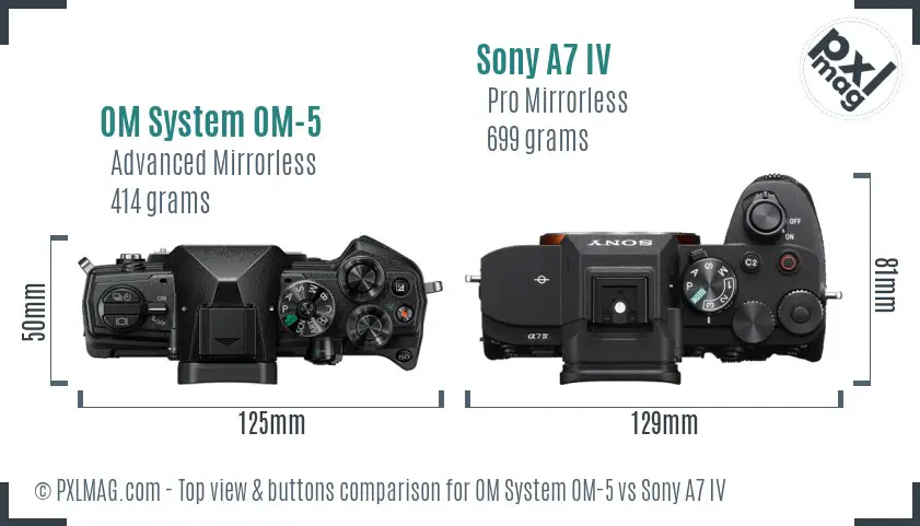 OM System OM-5 vs Sony A7 IV top view buttons comparison OM System OM-5 vs Sony A7 IV top view buttons comparison