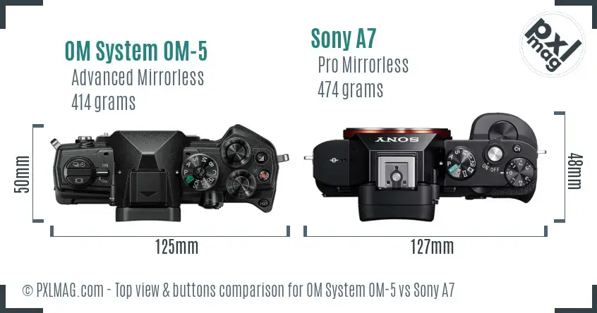 OM System OM-5 vs Sony A7 top view buttons comparison