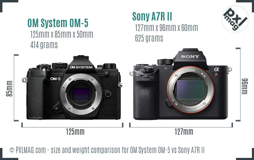 OM System OM-5 vs Sony A7R II size comparison