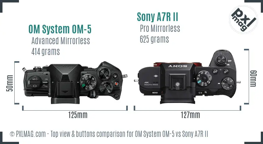OM System OM-5 vs Sony A7R II top view buttons comparison