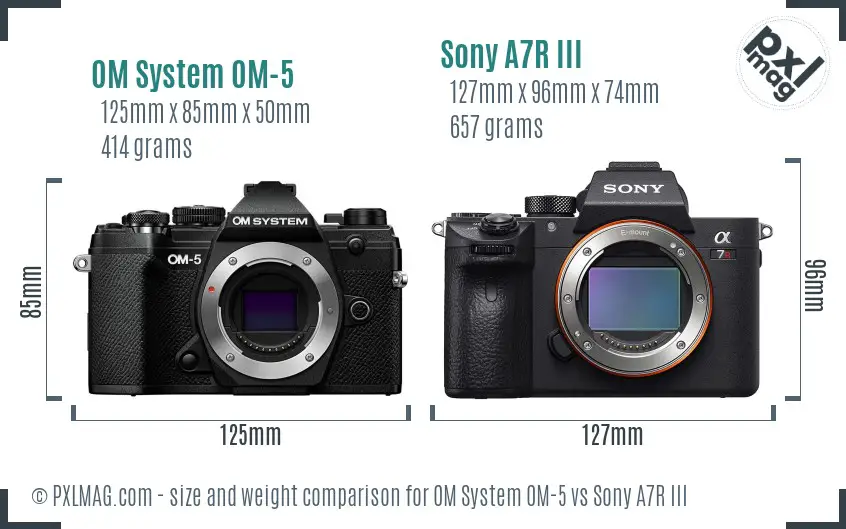 OM System OM-5 vs Sony A7R III size comparison