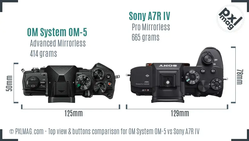 OM System OM-5 vs Sony A7R IV top view buttons comparison