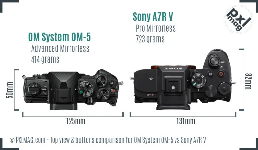 OM System OM-5 vs Sony A7R V top view buttons comparison