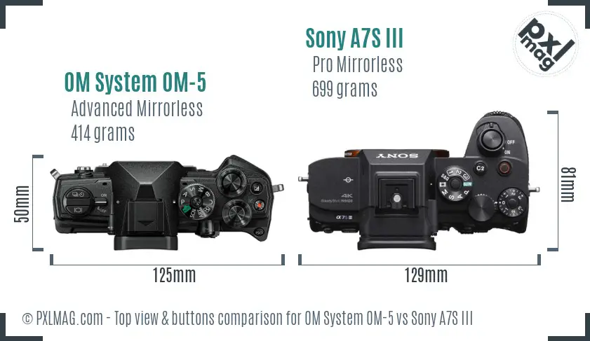 OM System OM-5 vs Sony A7S III top view buttons comparison