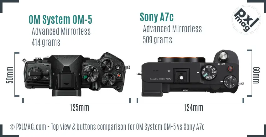 OM System OM-5 vs Sony A7c top view buttons comparison