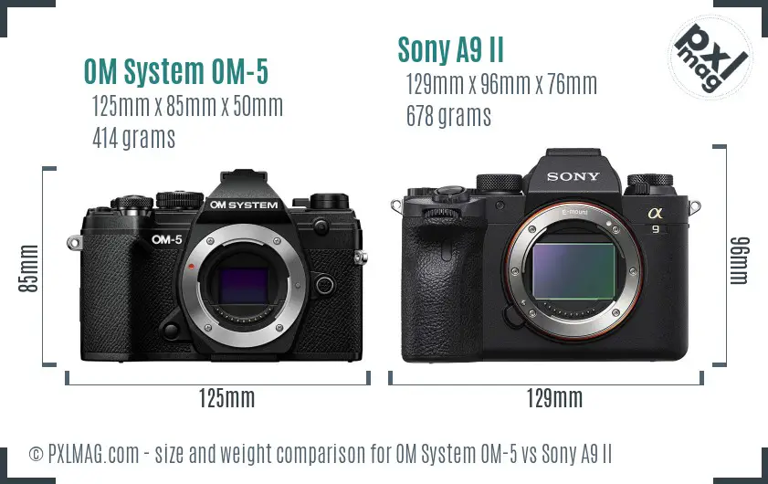 OM System OM-5 vs Sony A9 II size comparison