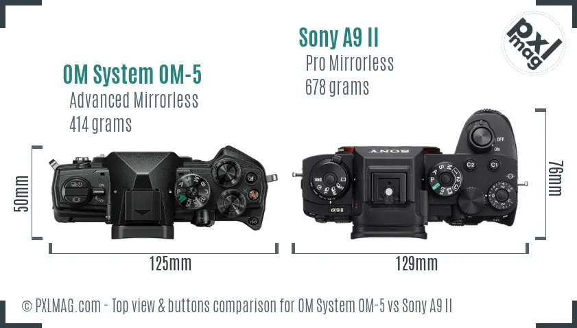 OM System OM-5 vs Sony A9 II top view buttons comparison