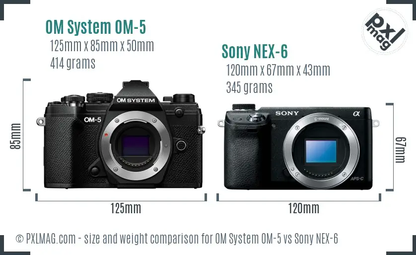 OM System OM-5 vs Sony NEX-6 size comparison