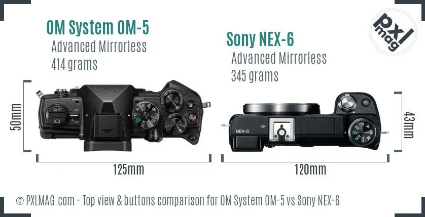 OM System OM-5 vs Sony NEX-6 top view buttons comparison