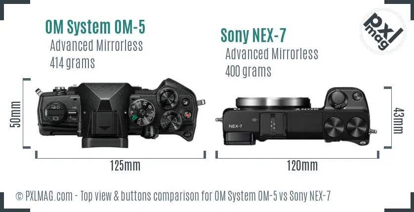 OM System OM-5 vs Sony NEX-7 top view buttons comparison