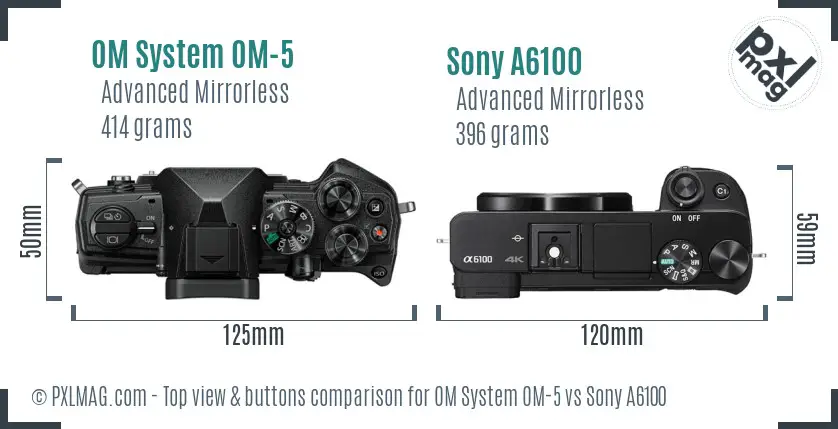 OM System OM-5 vs Sony A6100 top view buttons comparison