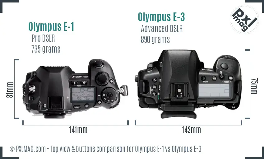 Olympus E-1 vs Olympus E-3 top view buttons comparison