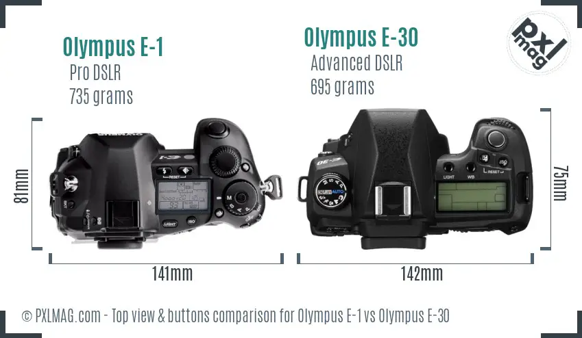 Olympus E-1 vs Olympus E-30 top view buttons comparison