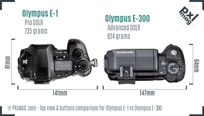 Olympus E-1 vs Olympus E-300 top view buttons comparison