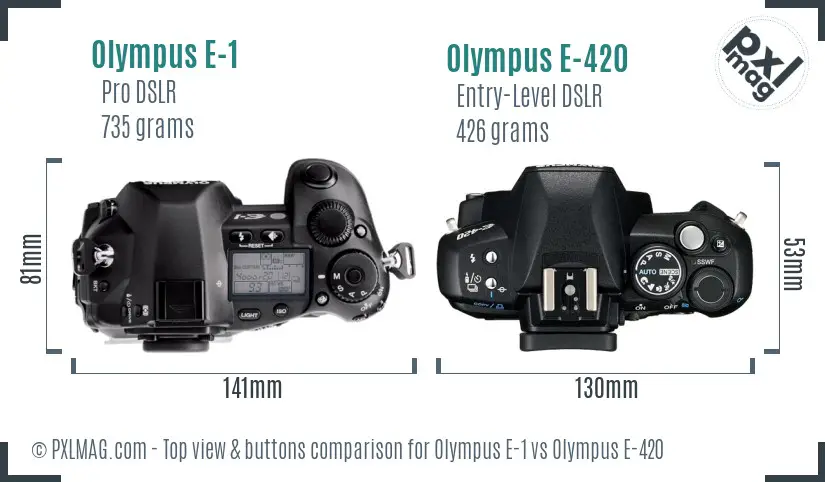 Olympus E-1 vs Olympus E-420 top view buttons comparison