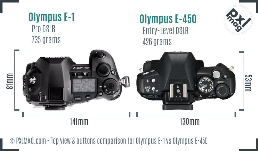 Olympus E-1 vs Olympus E-450 top view buttons comparison