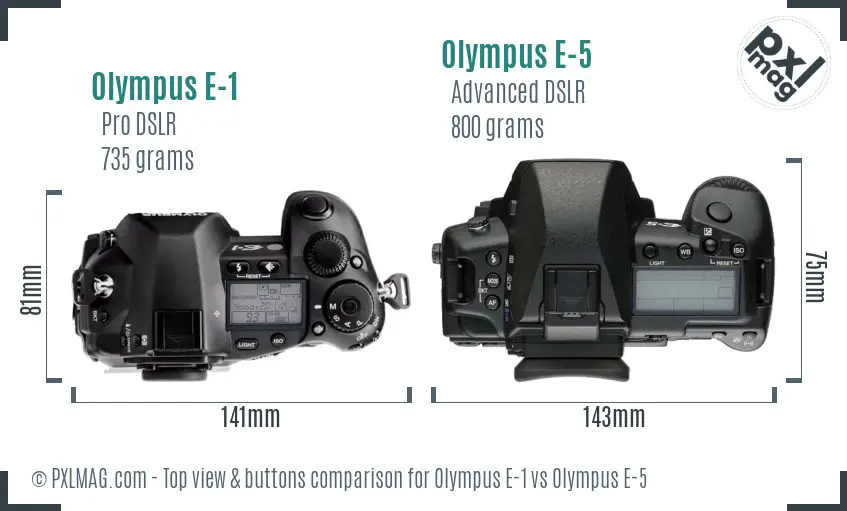 Olympus E-1 vs Olympus E-5 top view buttons comparison
