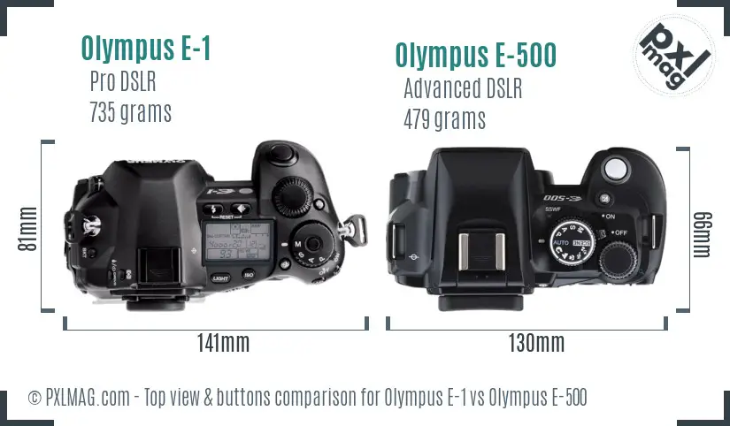 Olympus E-1 vs Olympus E-500 top view buttons comparison