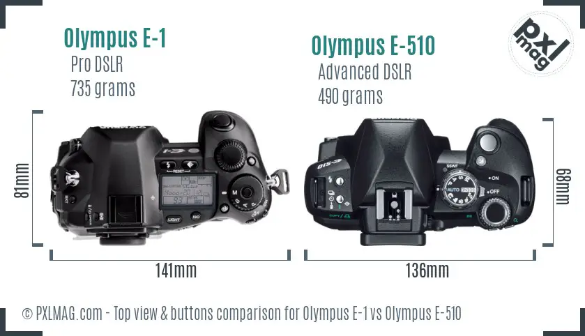Olympus E-1 vs Olympus E-510 top view buttons comparison