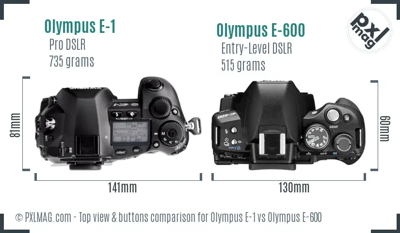 Olympus E-1 vs Olympus E-600 top view buttons comparison