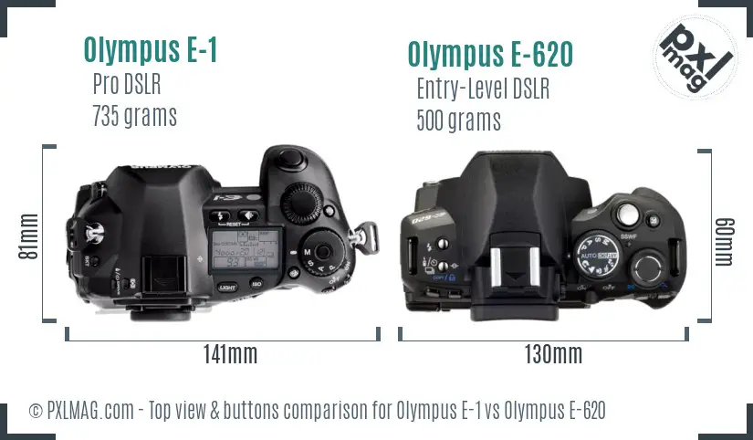 Olympus E-1 vs Olympus E-620 top view buttons comparison