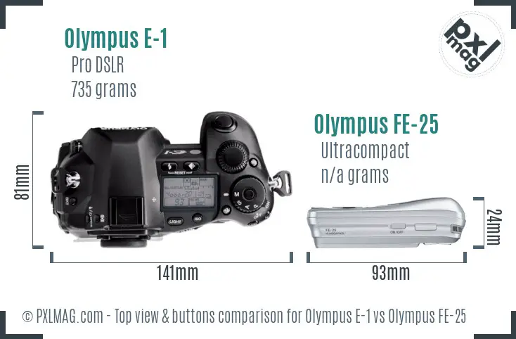 Olympus E-1 vs Olympus FE-25 top view buttons comparison