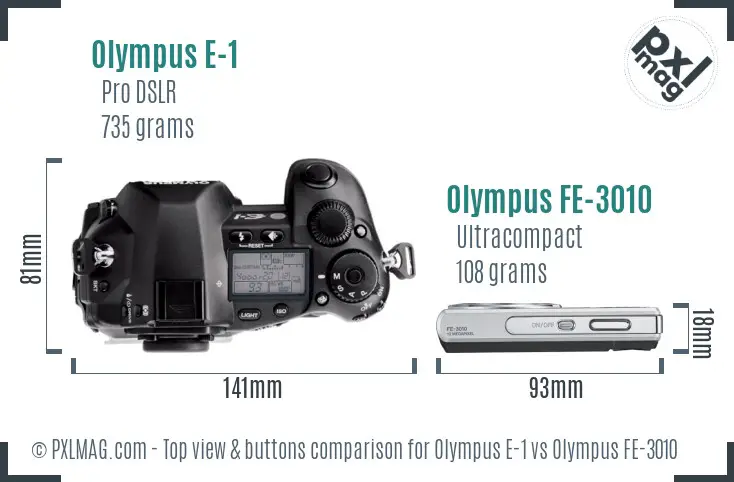 Olympus E-1 vs Olympus FE-3010 top view buttons comparison
