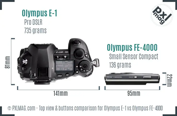 Olympus E-1 vs Olympus FE-4000 top view buttons comparison