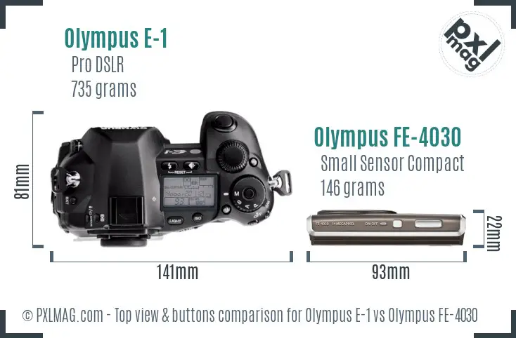 Olympus E-1 vs Olympus FE-4030 top view buttons comparison