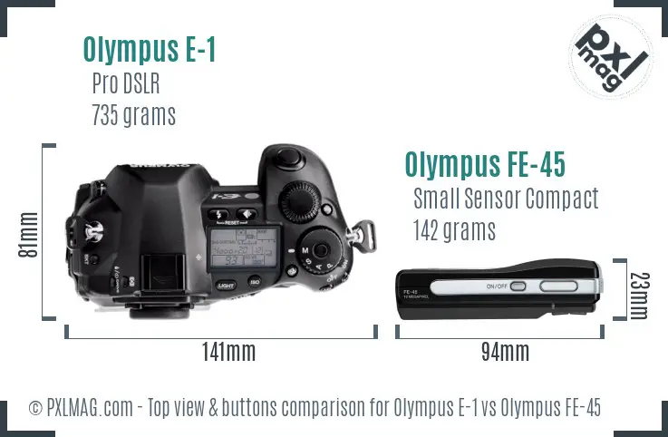 Olympus E-1 vs Olympus FE-45 top view buttons comparison
