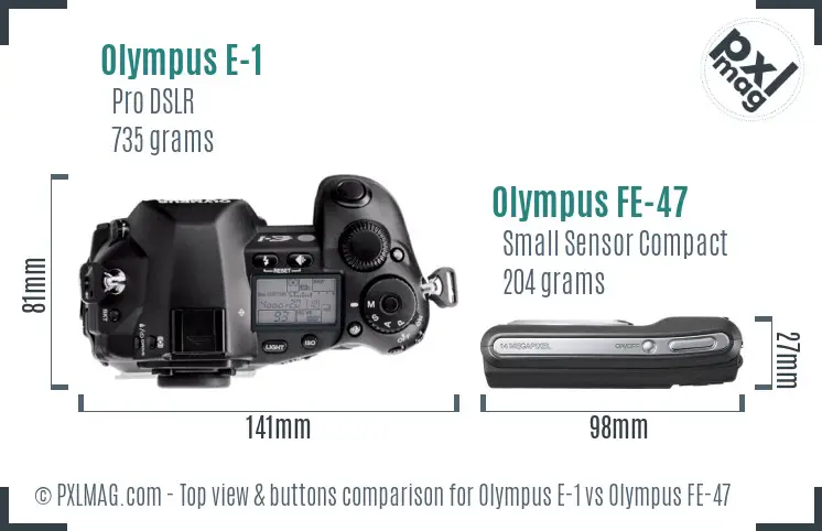 Olympus E-1 vs Olympus FE-47 top view buttons comparison
