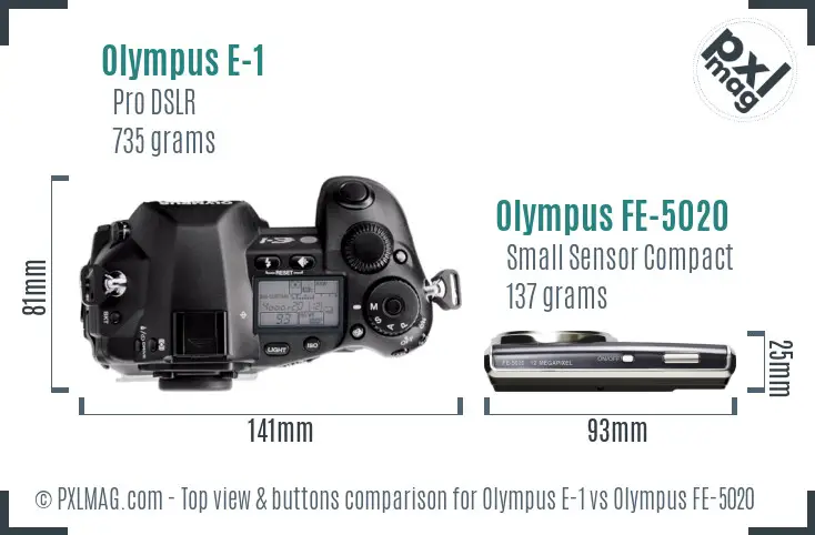 Olympus E-1 vs Olympus FE-5020 top view buttons comparison
