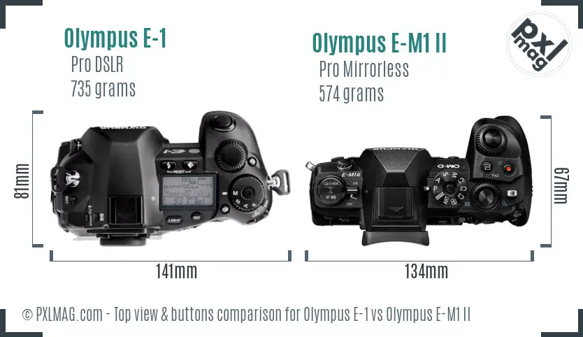 Olympus E-1 vs Olympus E-M1 II top view buttons comparison