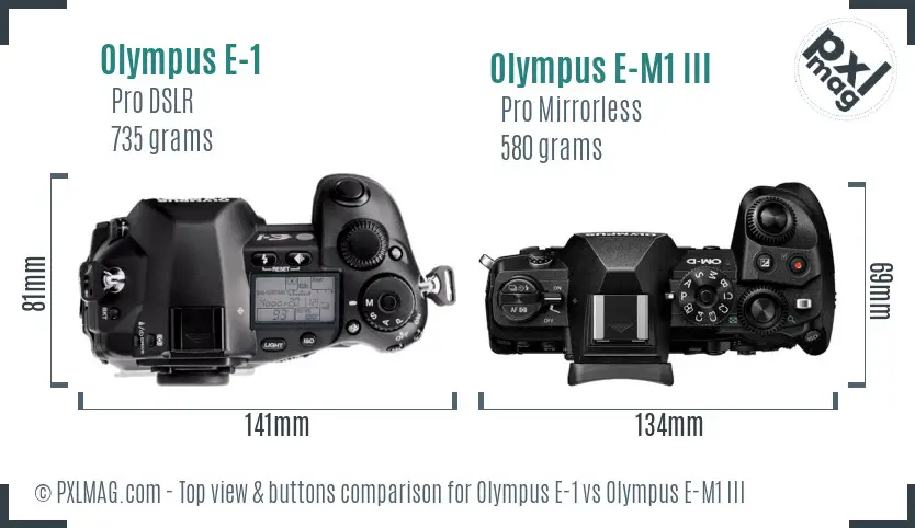 Olympus E-1 vs Olympus E-M1 III top view buttons comparison