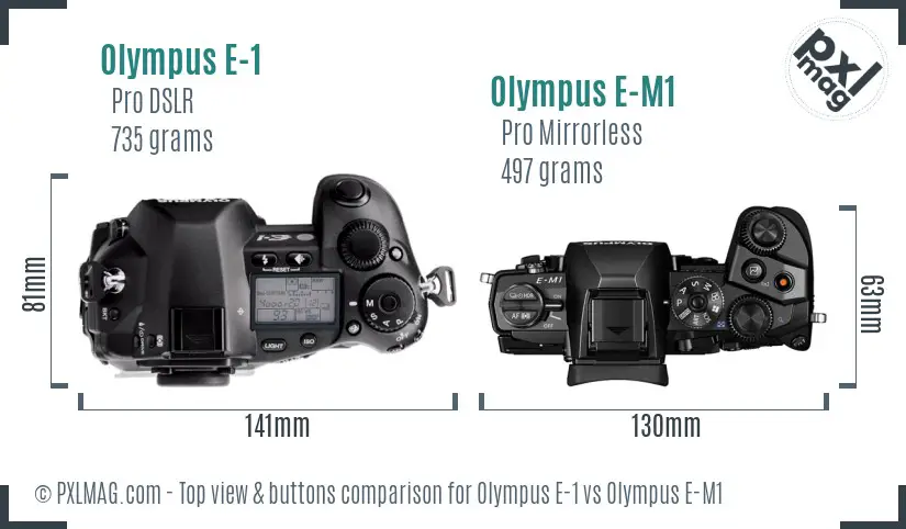 Olympus E-1 vs Olympus E-M1 top view buttons comparison
