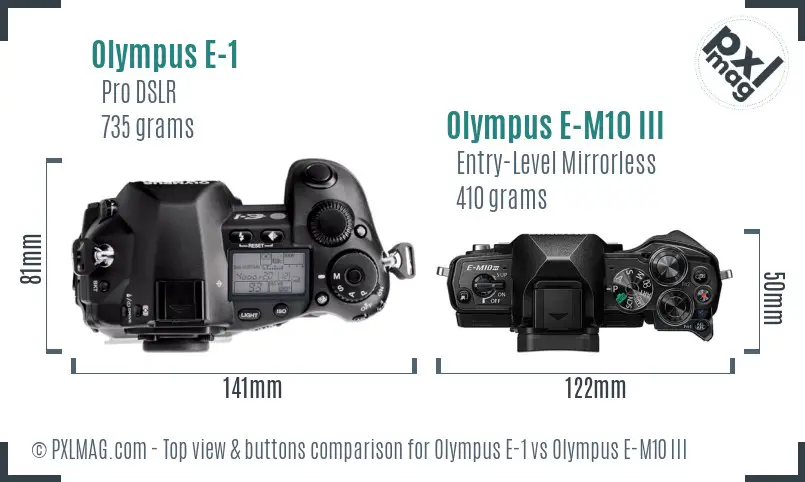 Olympus E-1 vs Olympus E-M10 III top view buttons comparison